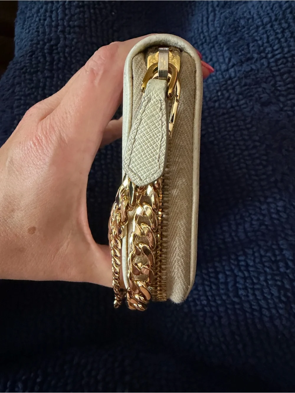 PRADA White Saffiano Leather Long Zippy Wallet w/Unbranded Gold Wristlet Chain